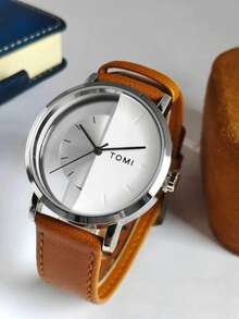 TOMI Minimalist Half-See-Through Dial PU Leather Quartz Men's Watch, Personalized Contrast Color Dial, Business Commute Student Holiday Gift Box Watch - Brown - View 4