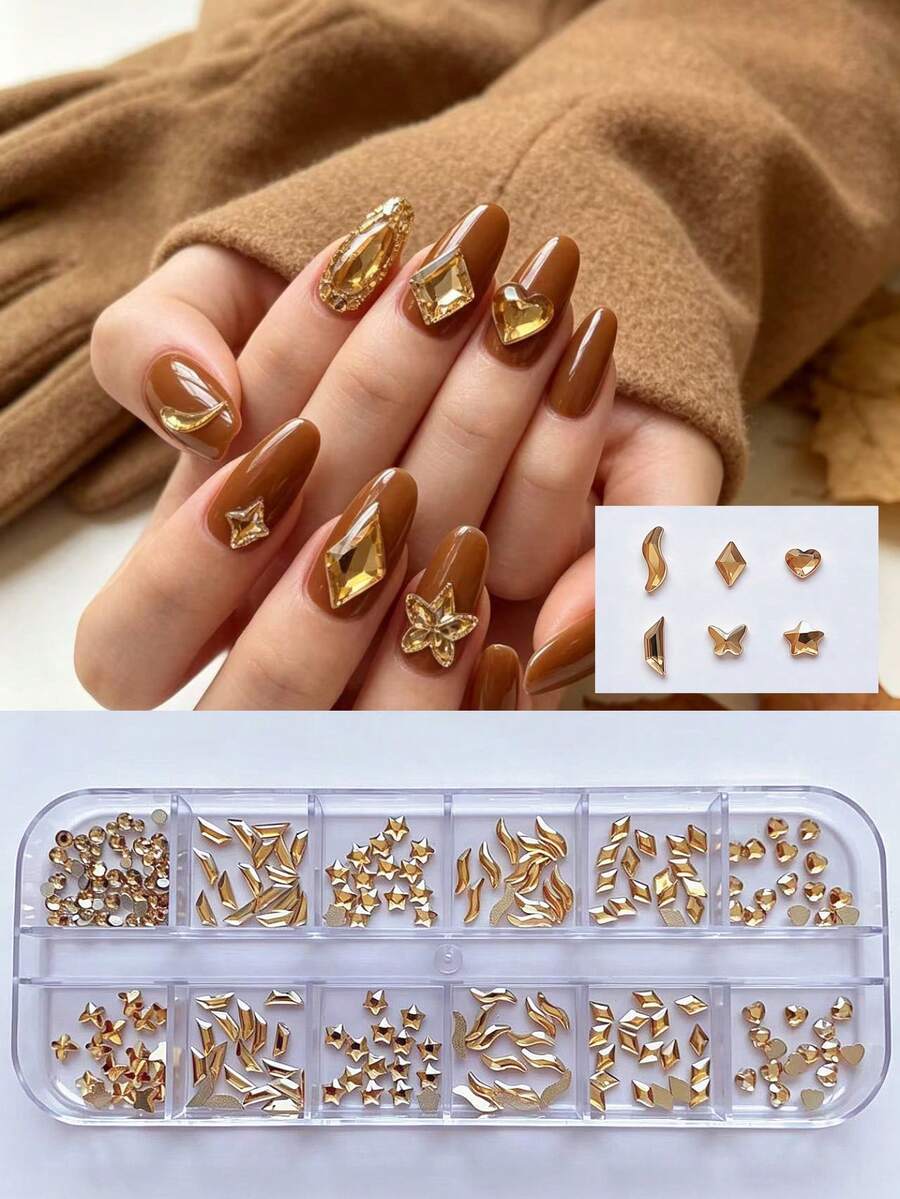 Champagne Nail Rhinestones, 12 Grids Multi Shape 3D Glass Nail Gems, Star Heart Butterfly Curve Rhombus Crystal Nail Stones, Fall Winter Nail Art Decorations, Flatback Rhinestones For DIY Manicure Nail Design - Multicolor - View 1