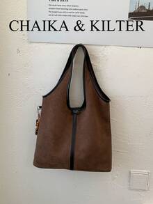 1pc Suede Fabric Shoulder Tote Bag, Suitable For Commuting, Shopping, Etc. (With Pendant) - Coffee - View 11