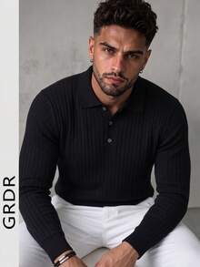 GRDR Men's Autumn/Winter Vertical Ribbed Ribbed Polo Collar Long Sleeve Pullover Knit Sweater Top - Black - View 2