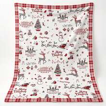 1pc White Background Red Plaid Border Christmas Reindeer Snowman Tree Print Flannel Throw Blanket, Holiday Sofa Blanket - Multicolor - View 6