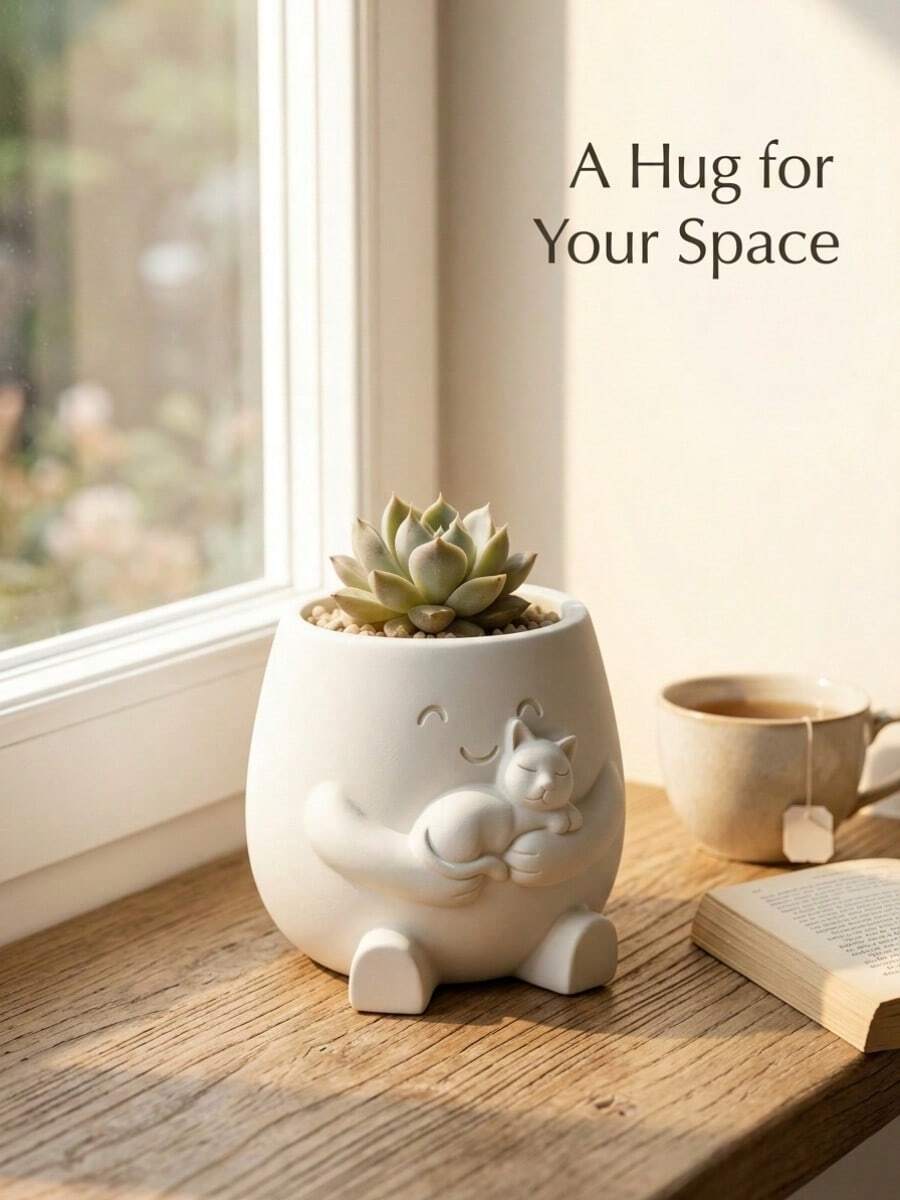 1pc Cute Cat Planter, Desktop Window Sill Bookshelf Decor Planter, Smiling Sleeping Cat Sculpture Planter Container, Minimalist Cozy Indoor Plant, Cat Lover Christmas Stocking Gift, Christmas Gift - Multiple Styles - View 1