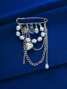 1pc Sweet Cool Style Faux Pearl Heart Tassel Brooch, Vintage Jeans Tightening Universal Pin - Gold - View 3