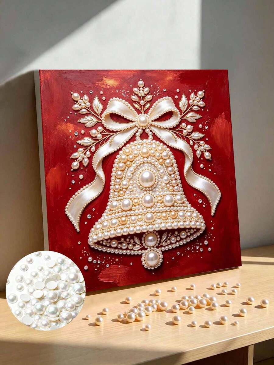 Handmade Pearl Painting Set With Frame, Golden Bell Pattern Design, Full Set Of Hand Tools, Wall Decoration, Christmas Gifts. - A - View 1