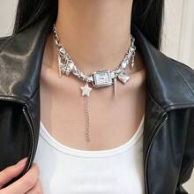 Women's Punk Style Square Roman Dial Necklace Quartz Watch, Butterfly Heart Star Pendant Chain Quartz Watch Necklace (1pc/Set) Watch Box Not Included - Silver - View 8