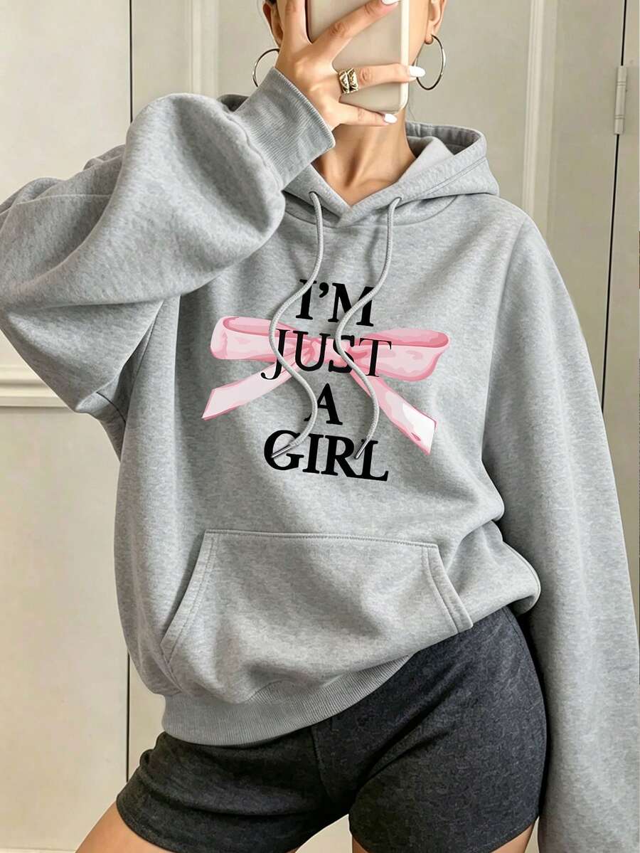 Plus-Size Women's Casual Hooded Sweatshirt Featuring A "I'M JUST A GIRL" And Bow Print, Plus Pockets; A Girly-Style Hoodie For Autumn And Winter. - Light Grey - View 1