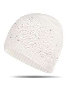 1pc Women Rhinestone Decor Knit Beanie, Solid Color Stretchy Ribbed Winter Warm Skull Cap, Casual Daily Fall Winter Hat - Multicolor - View 7