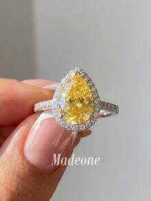 MADEONE 1pc Shiny Yellow Zirconia Pear-Shaped Gemstone Band Ring, Women's Engagement Wedding Party Daily Wear Anniversary Jewelry Gift - Yellow Diamond - View 1