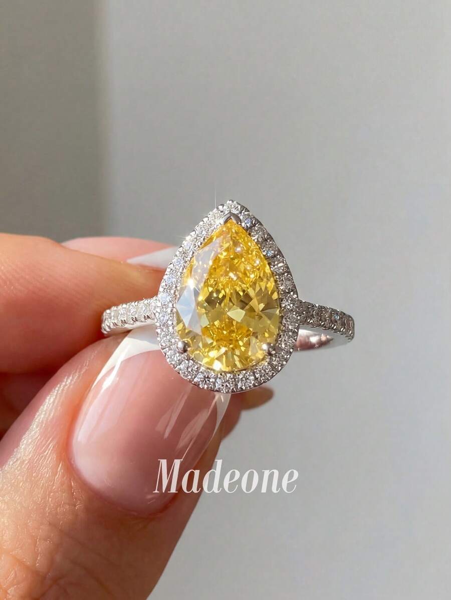 MADEONE 1pc Shiny Yellow Zirconia Pear-Shaped Gemstone Band Ring, Women's Engagement Wedding Party Daily Wear Anniversary Jewelry Gift - Yellow Diamond - View 1