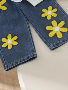 2pcs Set Baju Sweatshirt Lengan Panjang Motif Bunga 3D Kasual untuk Bayi Perempuan & Celana Jeans Denim, Tipis, Musim Semi/Musim Gugur - Putih - View 7