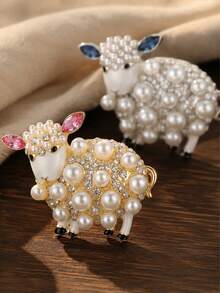 1pc Cute Sheep Brooch, Faux Pearl And Rhinestone Inlaid Animal Lapel Pin, Vintage Jewelry Women's Clothing Decoration Gift - Lamb Brooch - View 1