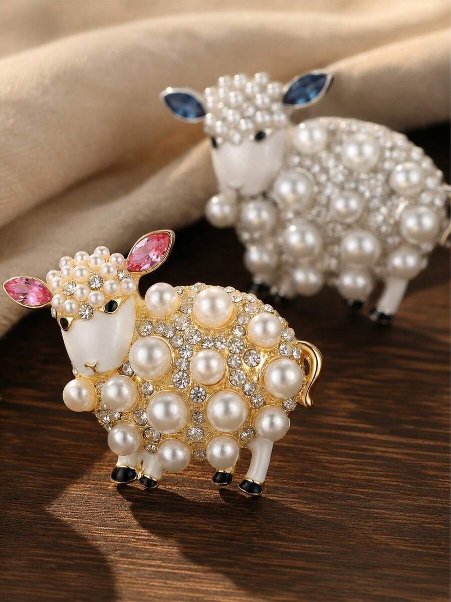 1pc Cute Sheep Brooch, Faux Pearl And Rhinestone Inlaid Animal Lapel Pin, Vintage Jewelry Women's Clothing Decoration Gift - Lamb Brooch - View 1