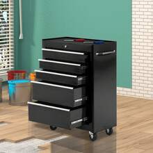 5-Drawer Chest, Lockable Steel Storage Cabinet With Wheels And Handle Box Garage, Workshop, Black - Black + Steel - View 1