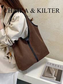 1pc Suede Fabric Shoulder Tote Bag, Suitable For Commuting, Shopping, Etc. (With Pendant) - Coffee - View 9