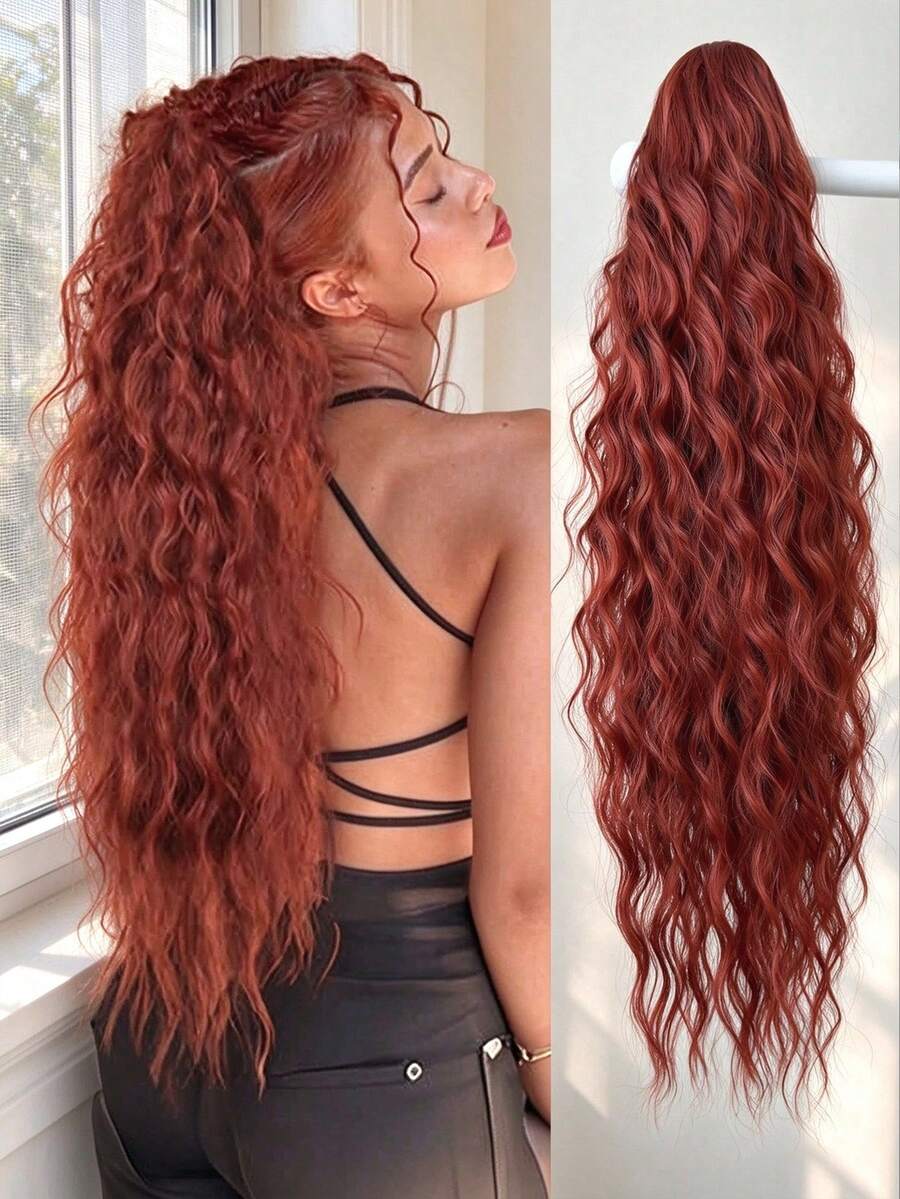 26-Inch Orange Claw Ponytail Hair Extensions, Natural Wavy Texture, Heat-Resistant Synthetic Fiber, Suitable For Girls And Women For Daily Wear, Halloween - Dirty Orange - View 1