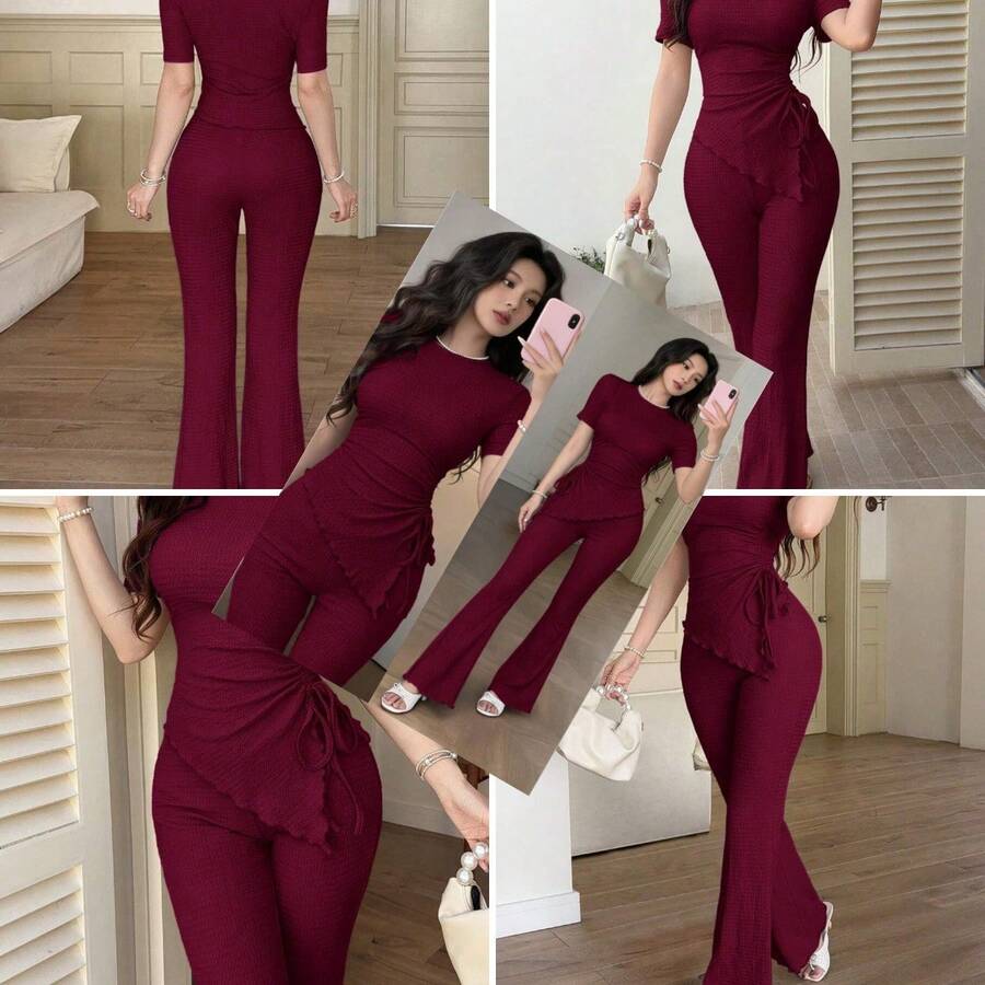 Conjunto de 2 piezas para mujer con top de manga corta plisado de unicolor y pantalones acampanados casual para uso diario - Albaricoque - Ver 1
