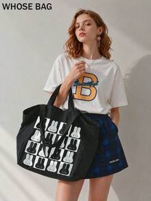 Large Canvas Tote Bag, Black White Checkered Rabbit Pattern Shoulder Handbag, Reusable Shopping Bag For School Work Travel Daily Use, Bag - Multicolor - View 1