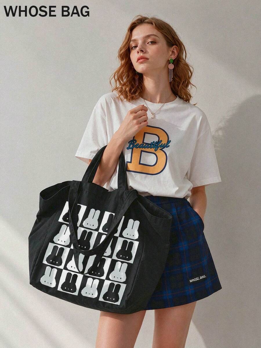 Large Canvas Tote Bag, Black White Checkered Rabbit Pattern Shoulder Handbag, Reusable Shopping Bag For School Work Travel Daily Use, Bag - Multicolor - View 1