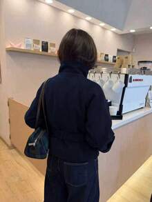 女款純色仿羊毛面料，附腰帶與口袋，皇家藍雙排扣短大衣，內裡設計，秋冬日常穿著與旅行必備 - 寶藍色 - 查看 4
