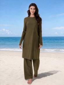 VFJ Women's Swimwear 2 Pieces Set, Full Coverage Sun Protection Clothing, Islamic Burkini Swimwear, Long Beach Outfit Vacation Summer - Olive Green - View 6