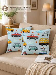 1/2pcs Vintage Cartoon Car And Bus Design Pillowcases With Zipper Closure - Perfect For Sofa, Bedroom, Patio Decor, Decorative Lumbar Pillow, Cushion Cover, No Pillow Insert - Foggy Sky, Light Blue - View 2