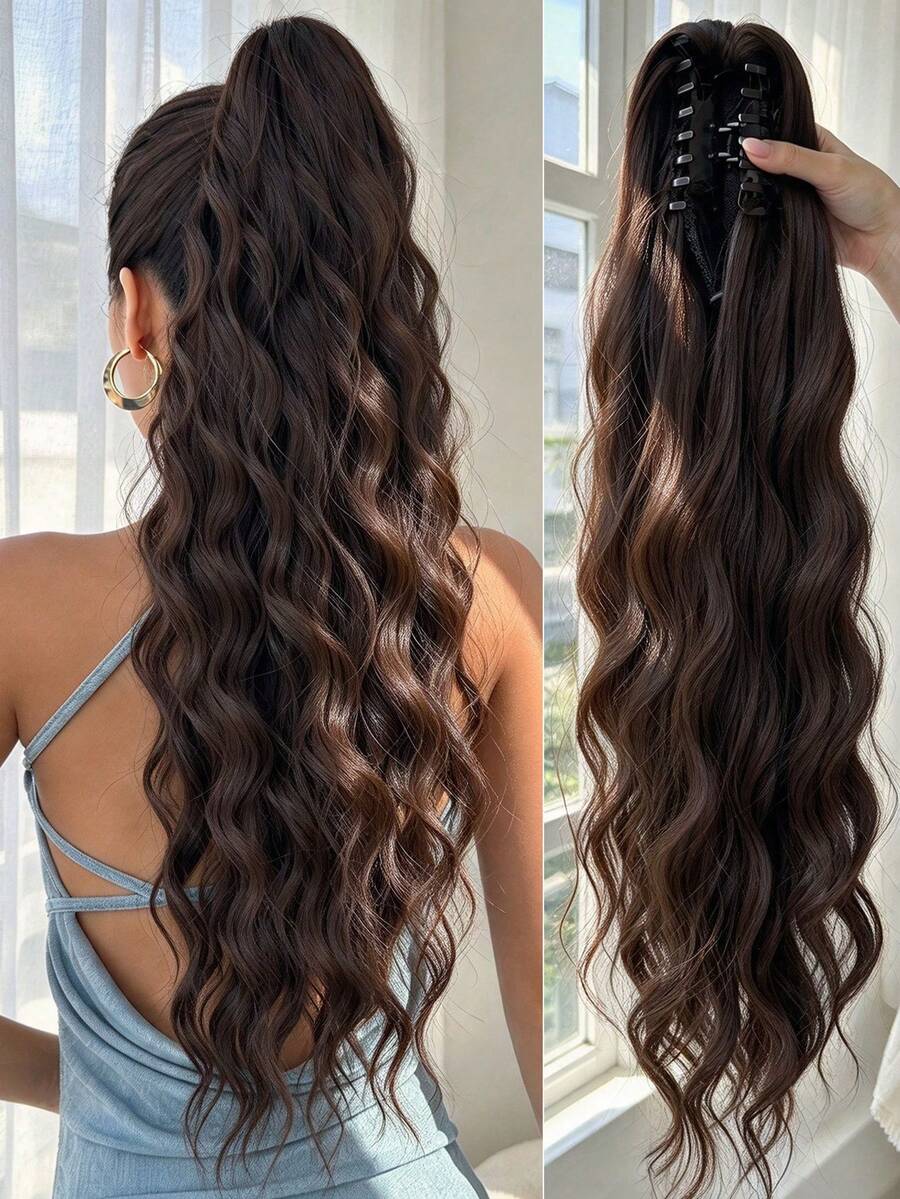 HEYPINK 26 Inch Brown Long Natural Water Wave Claw Ponytail Hair Extension, Heat-Resistant Synthetic Fiber Ponytail Wig, Suitable For Women And Girls Daily Wear.