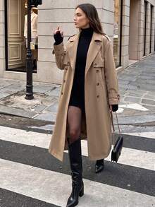 Women's Fashion Khaki Double-Breasted Mid-Length Lapel Coat, Vintage Tie Waist Long Sleeve Trench Jacket, Suitable For Autumn/Winter - Camel - View 2