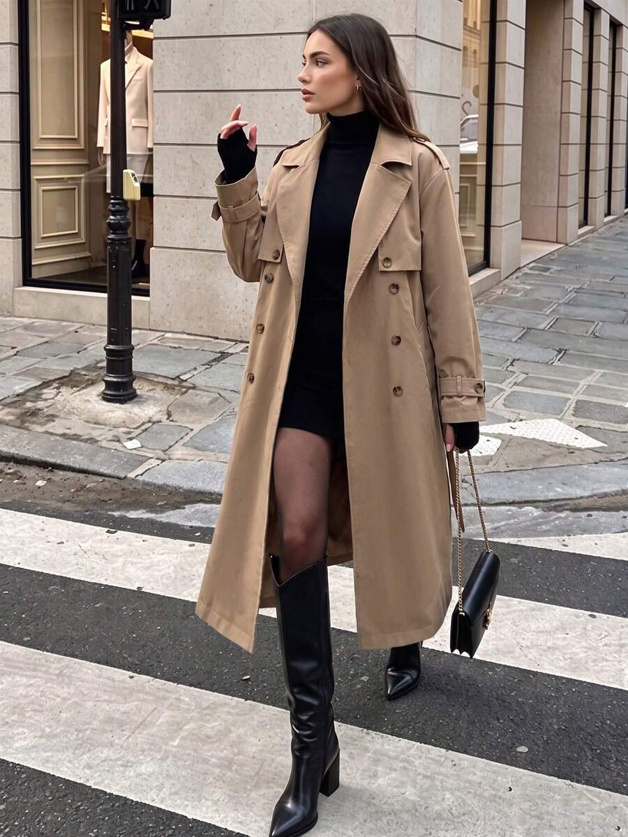 Women's Fashion Khaki Double-Breasted Mid-Length Lapel Coat, Vintage Tie Waist Long Sleeve Trench Jacket, Suitable For Autumn/Winter