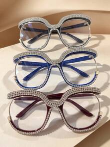 1pc Vintage Round Women's Plain Lens Glasses, Oversized Frame Design, Personalized Minimalist Exquisite Luxury Style High-End Rhinestone Glasses, Suitable For All Face Shapes - Jujube Red - View 4