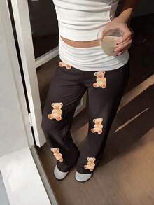 SCARLUX Fall Women Y2K Cute Teddy Bear Print Wide Leg Trousers, Fold Waist Casual Pants For Back To School Daily Commute - Brown - View 9