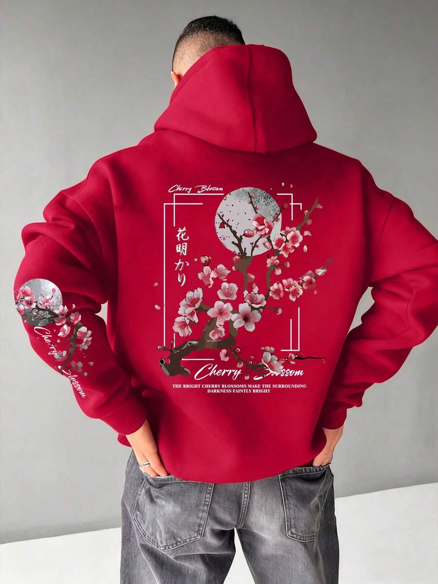 Men's Autumn/Winter Casual Fashion Street Plum Blossom Tree Slogan Print Kangaroo Pocket Drawstring Hoodie - Red - View 1