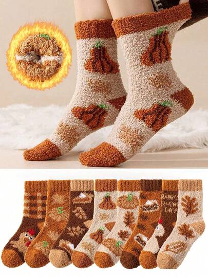 1/3/5 Pairs Thanksgiving Turkey Coral Fleece Women's Mid-Calf Socks, Comfortable Home Sleep Socks, Floor Socks