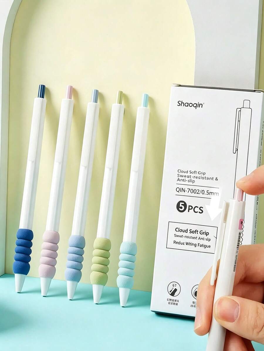 5pcs/Box Cloud Soft Rubber Grip Clickable Neutral Pens, Stress Relief Anti-Fatigue Non-Slip Sponge Grip, 0.5mm Black Ink, Morandi Macaron Minimalist Student Exam Stationery - Sets - View 1