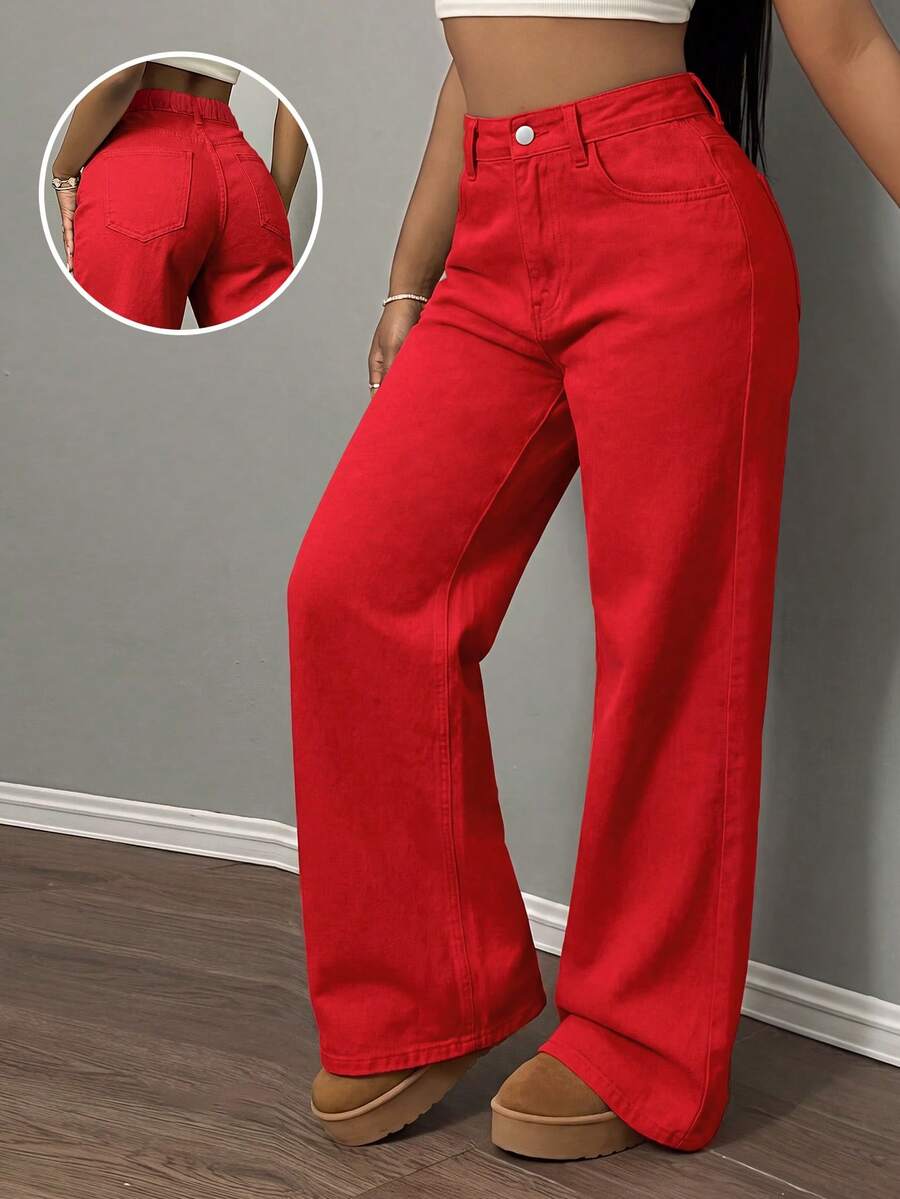 Plus Size Loose Fit Denim Jeans With Zipper Pockets And Buttons, Women's Casual Autumn/Winter Clothing, Slim Fit Long Pants, Red Autumn Style - Red - View 1