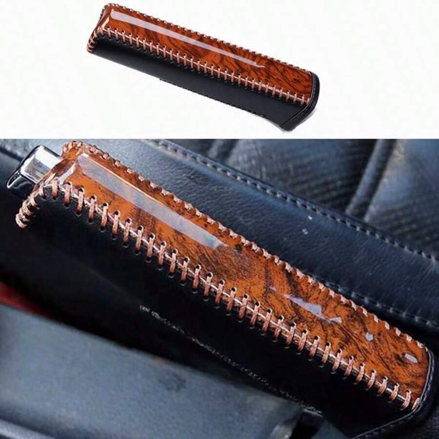 1pc Universal Car Hand Brake Cover, Peach Wood Style Hand Brake Decorative Protective Cover, Gear Shift Cover, PU Leather Hand Brake Handle Cover, Car Interior Modification Accessory - A - View 1