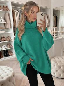 New Women's Casual Fashionable Minimalist Solid Color Knitted Turtleneck Sweater, Autumn/Winter Fall - Teal Blue - View 10