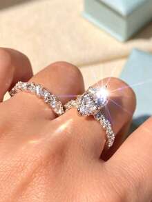 2pcs/Set Marquise-Shaped Cubic Zirconia Stackable Ring Set, Sparkling Halo Design Women's Engagement Wedding Rings, Exquisite Luxury Jewelry, Versatile Accessory For Party, Date, Daily Wear, Valentine's Day, Anniversary, Birthday Gift For Girlfriend - Fashion - View 7