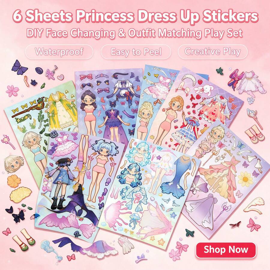 6pcs Cute Princess Sticker Puzzle Face Swap Dress Up Personalized DIY Waterproof Stickers - Multicolor - View 1
