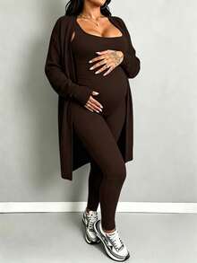 Parara Maternity Women's Mid-Length Cardigan, Long Sleeve Regular Fit, Comfortable Stretch Fabric, Autumn/Winter Maternity Wear - Brown - View 6
