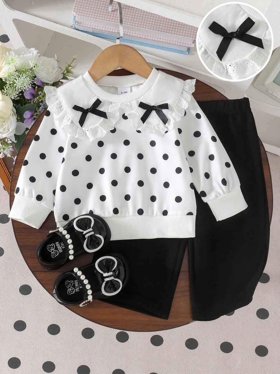 2pcs Baby Girl Cute Peter Pan Collar Polka Dot Long Sleeve Sweatshirt & Wide Leg Pants Set, Thin For Spring/Autumn - Black and White - View 1