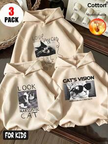Autumn Winter Three-Piece Girls' Fleece Hoodie With Cat And English Text Print Y2K - Apricot + Apricot + Apricot - View 1