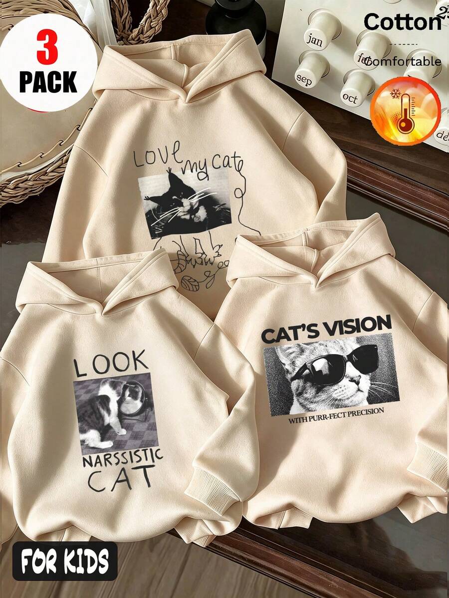 Autumn Winter Three-Piece Girls' Fleece Hoodie With Cat And English Text Print Y2K - Apricot + Apricot + Apricot - View 1
