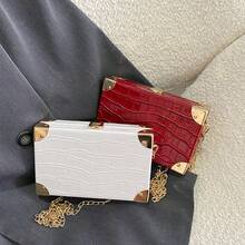 Crocodile Embossed Metal Corner Small Square Bag, Fashionable Women's Chain Crossbody Bag, Unique Solid Color Stone Texture Clutch Bag, Can Fit Phone And Coin Purse - A - View 7
