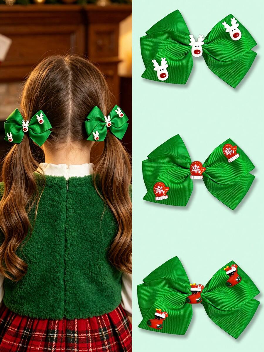 2Pcs Girls Christmas Green Grosgrain Ribbon Bow Hair Clips, Cartoon Reindeer, Christmas Decor Bow Hair Clips, Kids Xmas Party Hair Accessories