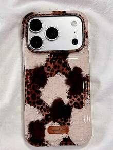 1pc 2 Colors Spliced Leopard Cow Print Large Window Phone Case, Shockproof Full Coverage Soft Cover, Retro Hot Girl Style For Daily Use, Holiday Gift, Compatible With IPhone11/12/13/14/15/16/17/18 Series - Beige - View 2