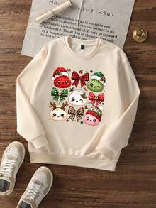 Girls Christmas Cartoon Dumpling Graphic Sweatshirt, Adorable Xmas Bow & Reindeer Print Crew Neck Pullover, Fall Casual Holiday Outfit - Apricot - View 3