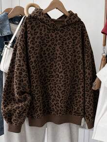 Women's Plus Size Leopard Print Hooded Pullover Long Sleeve Sweatshirt - Brown - View 4