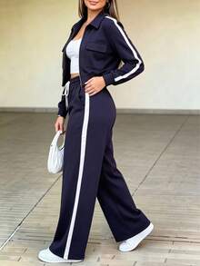Women 2 Pcs Tracksuit Set, Color Block Zip Up Jacket & Side Stripe Wide Leg Pants, Retro Sporty Casual Streetwear Outfit, Navy Blue Fall Matching Set - Navy - View 5