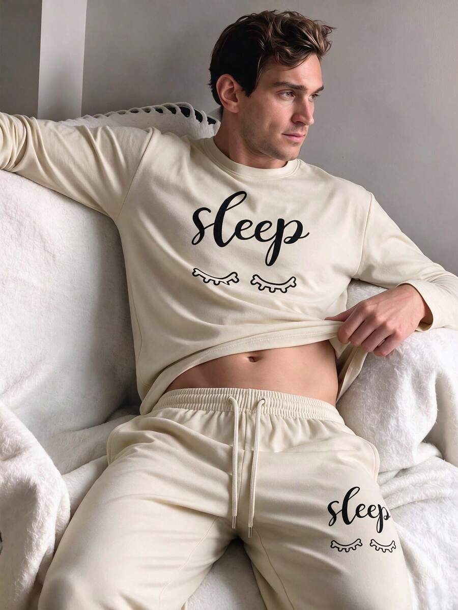 Men's Summer Crew Neck Casual Long Sleeve T-Shirt And Casual Long Pants Loungewear Set - Apricot - View 1