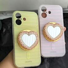 Autumn/Winter Mirror Heart-Shaped Magnetic Phone Stand, Lace Rhinestone Trim Multi-Function Phone Back Push-Pull Stand, Desktop Telescopic Stand, Suitable For All Phones - Gold - View 6